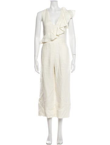 Pre-owned Alexis Linen Plunge Neckline Jumpsuit In Neutral