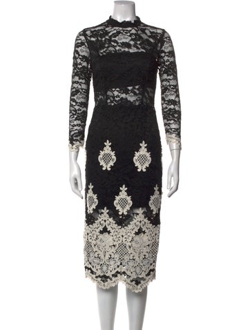Pre-owned Alexis Lace Pattern Midi Length Dress In Black
