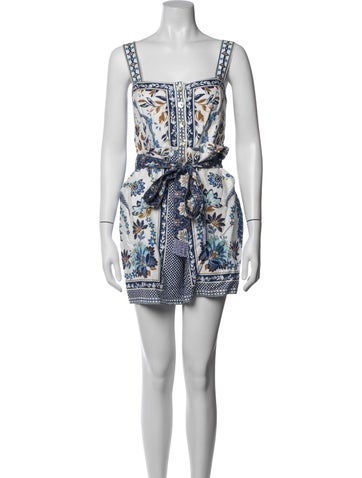Pre-owned Farm Rio Linen Floral Print Romper In Blue/neutrals