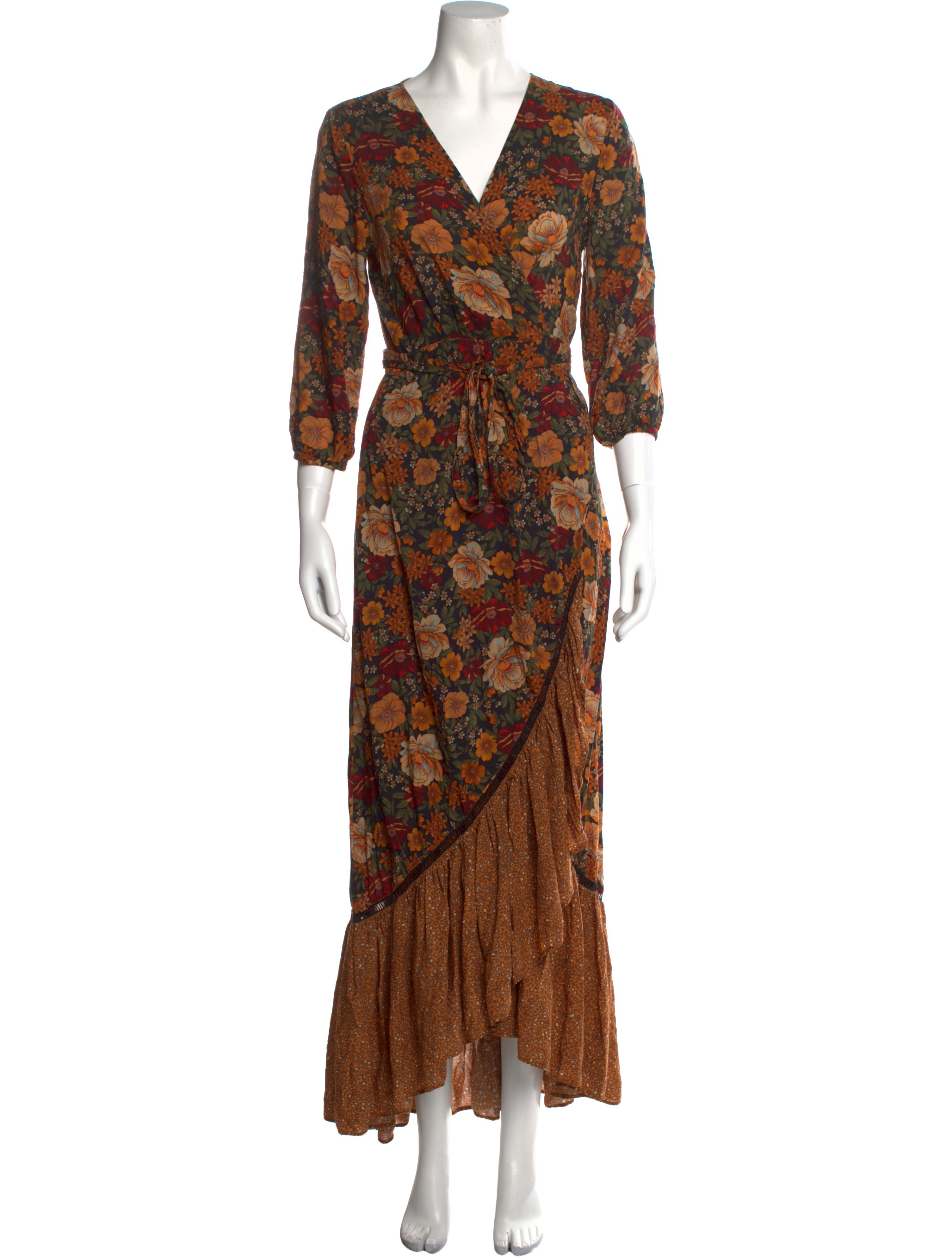 farm rio madrid wrap maxi dress Farm Rio Floral Print Long Dress - Brown Dresses, Clothing - WFARM36375