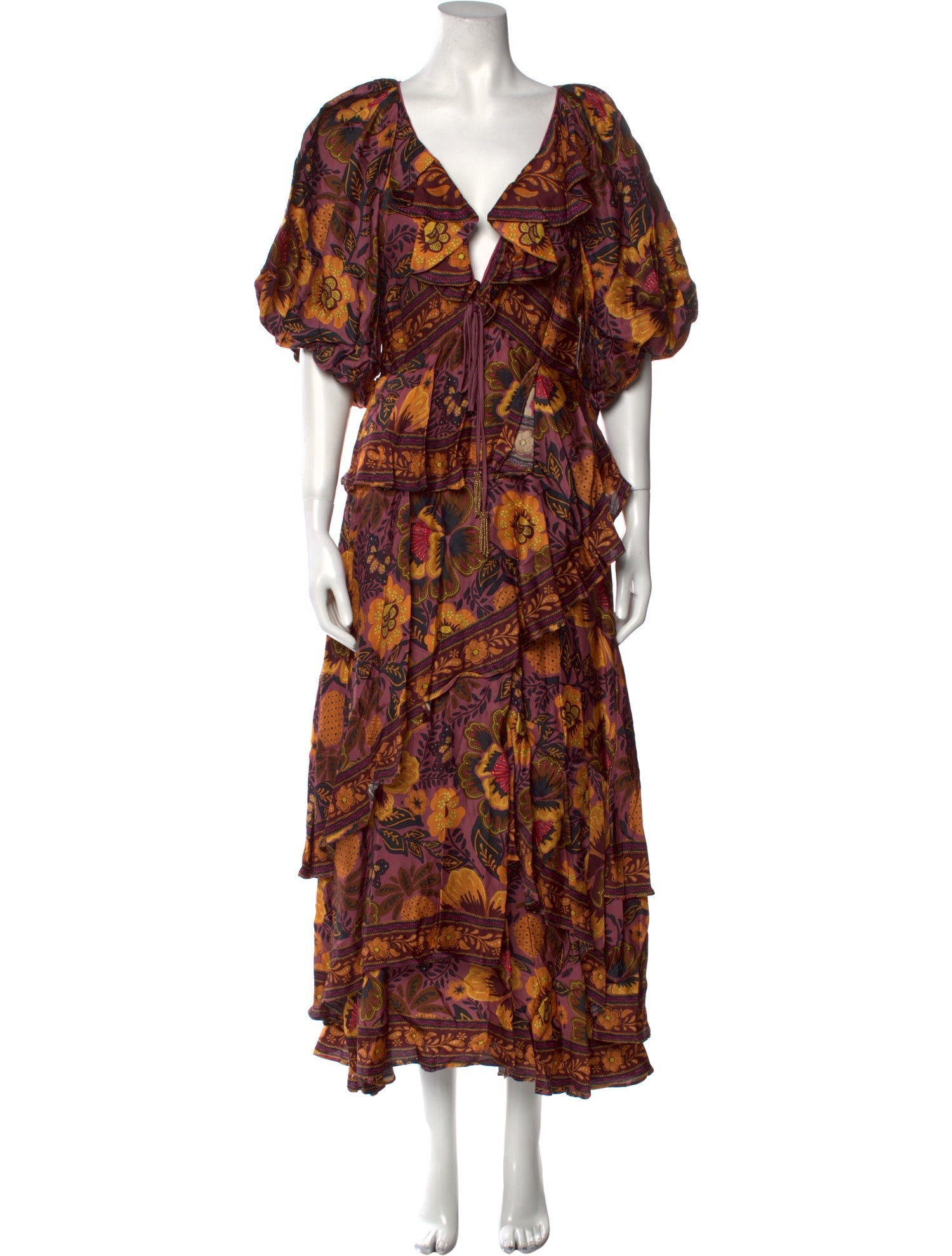 Farm Rio Floral Print Long Dress - Burgundy Dresses, Clothing ...