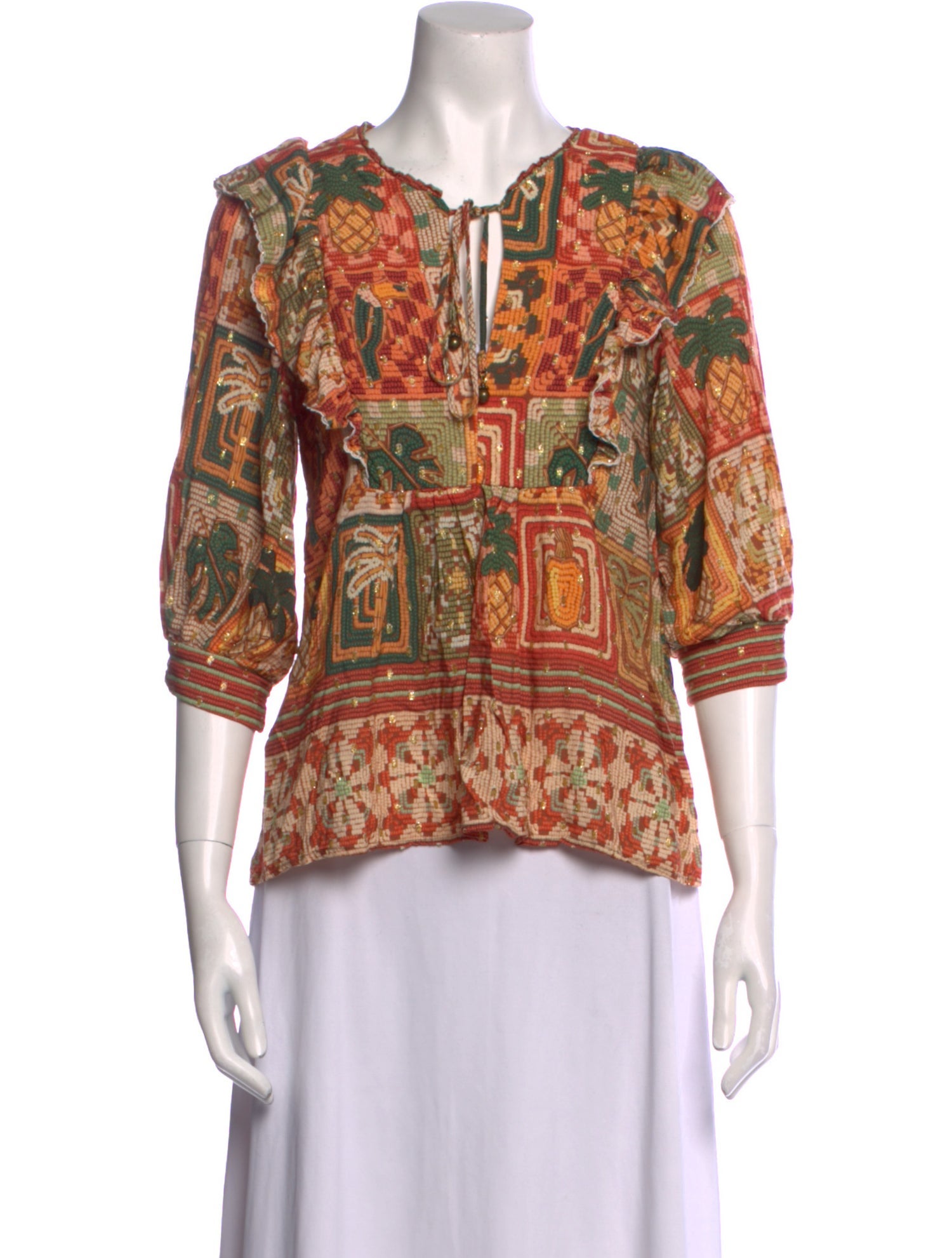 Farm Rio Paisley Print Tie Neck Blouse