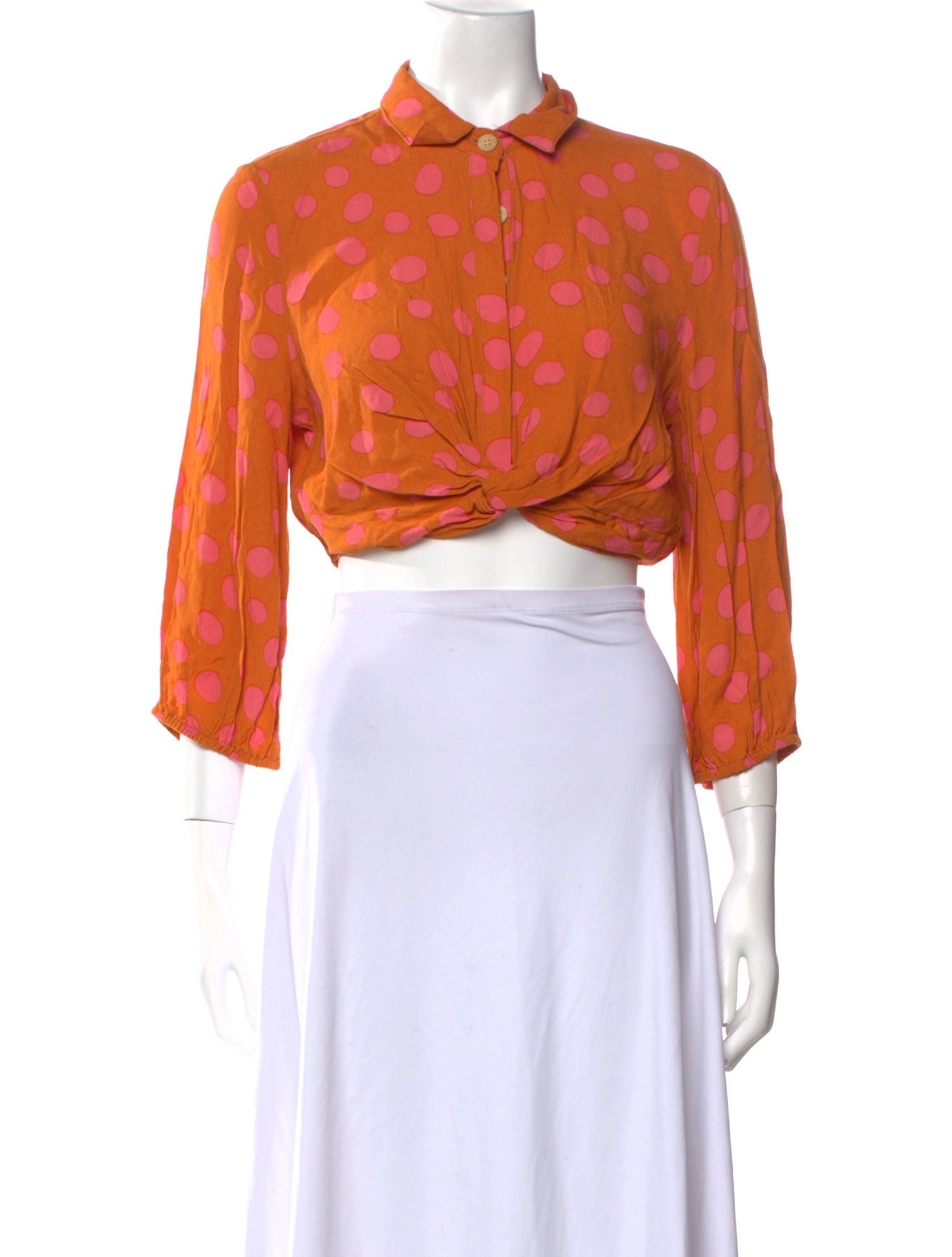 Farm Rio Polka Dot Print Three-Quarter Sleeve Crop Top