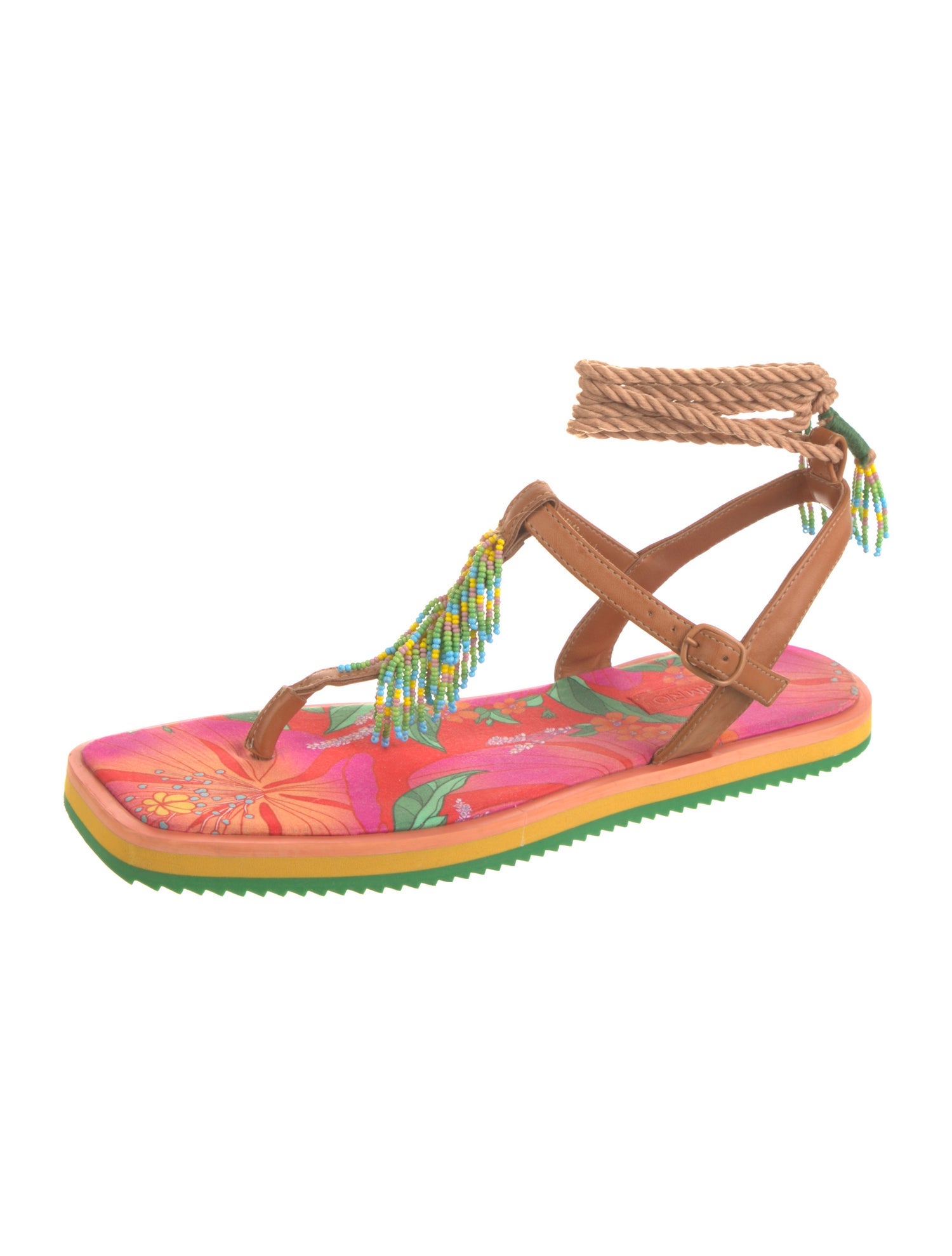 Farm Rio Leather Printed T-Strap Sandals