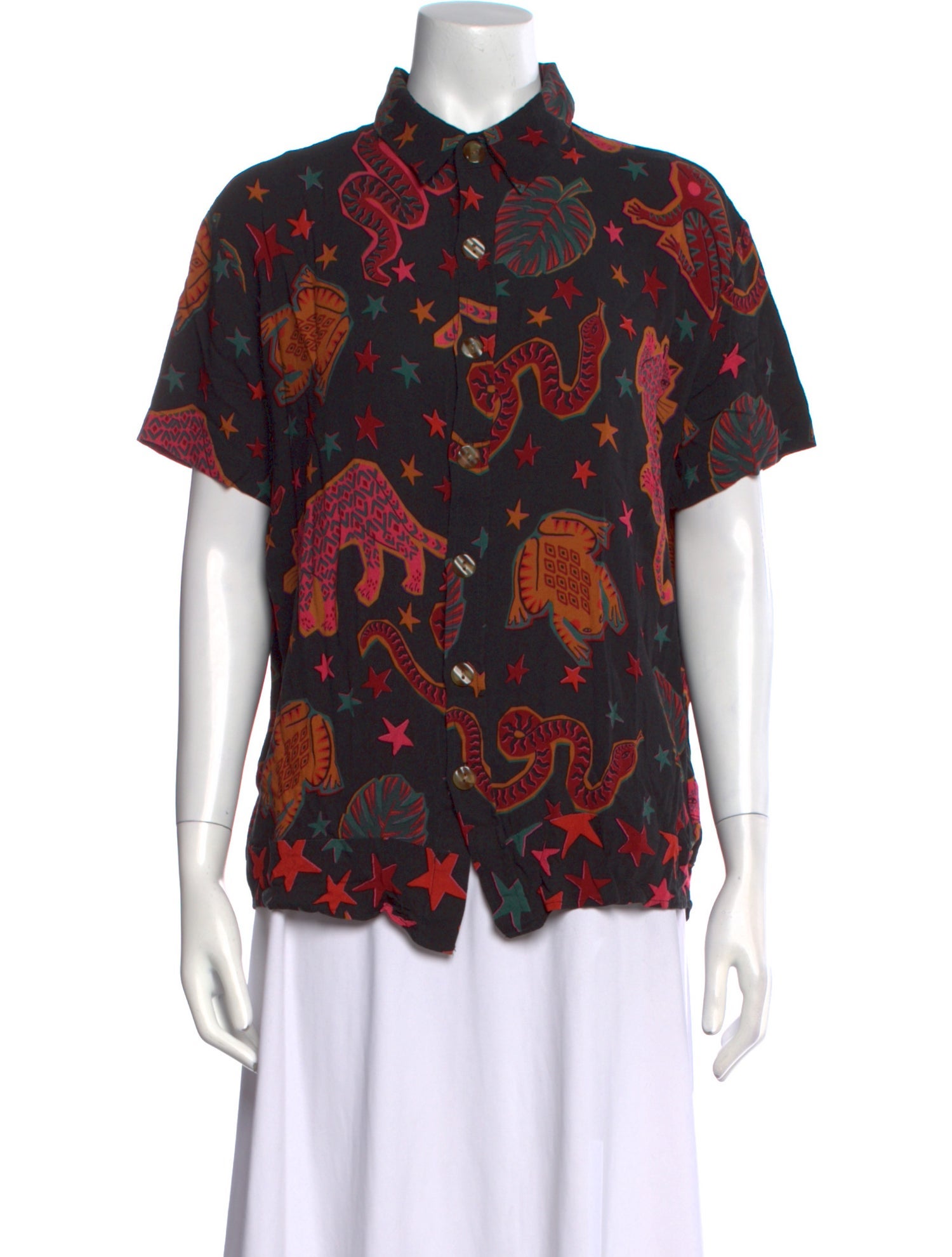 Farm Rio Printed Mock Neck Button-Up Top