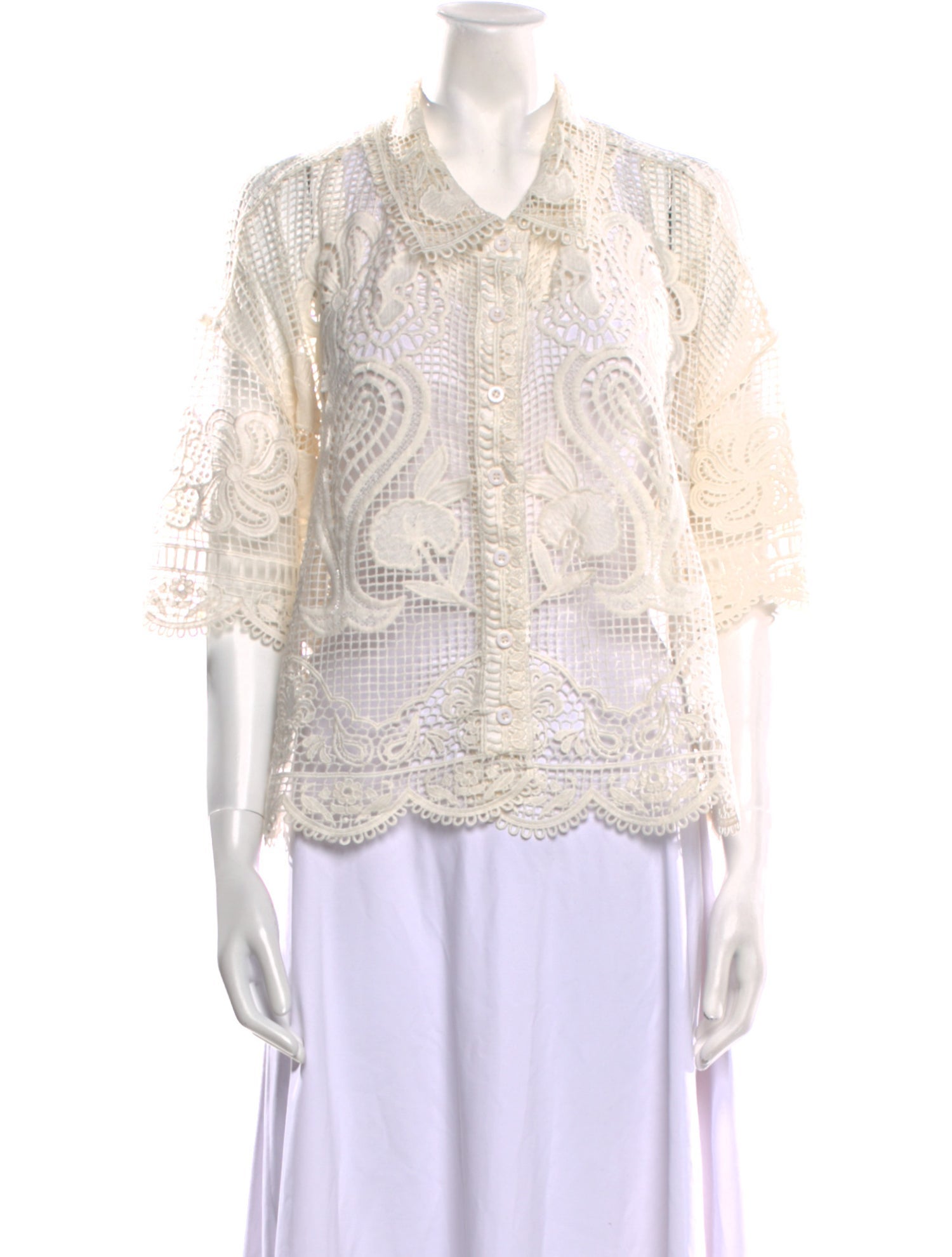 Farm Rio Lace Pattern Three-Quarter Sleeve Blouse