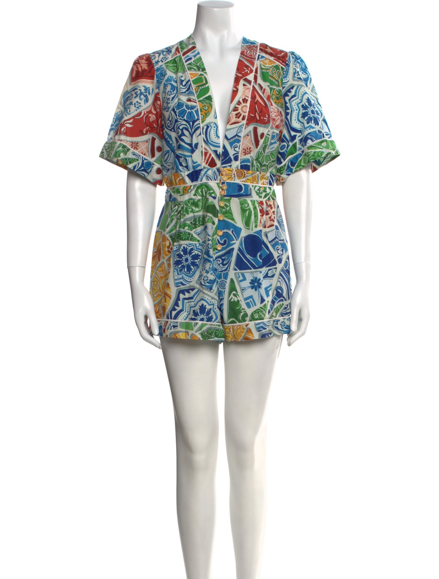 Farm Rio Printed Plunge Neckline Romper