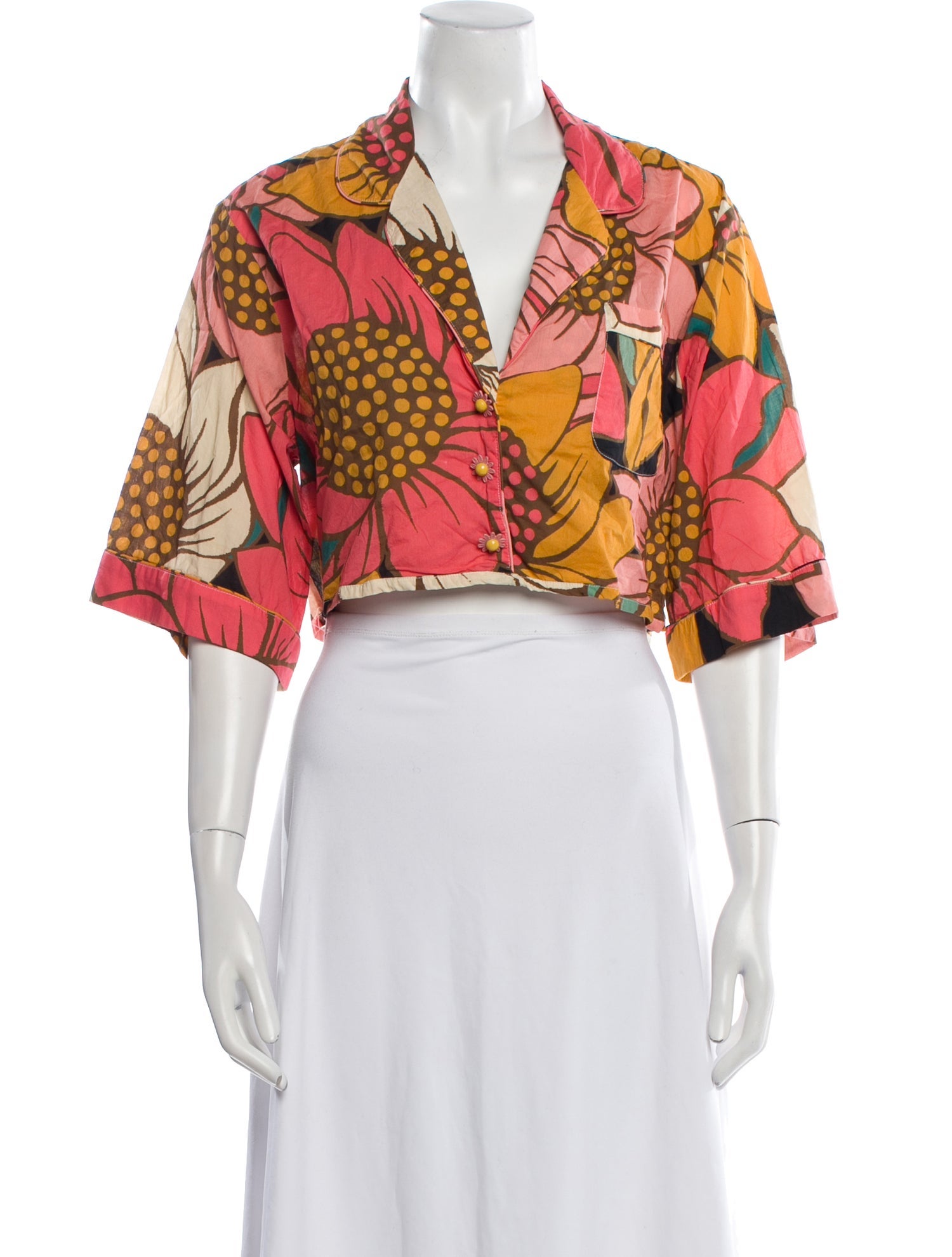 Farm Rio Floral Print Three-Quarter Sleeve Crop Top