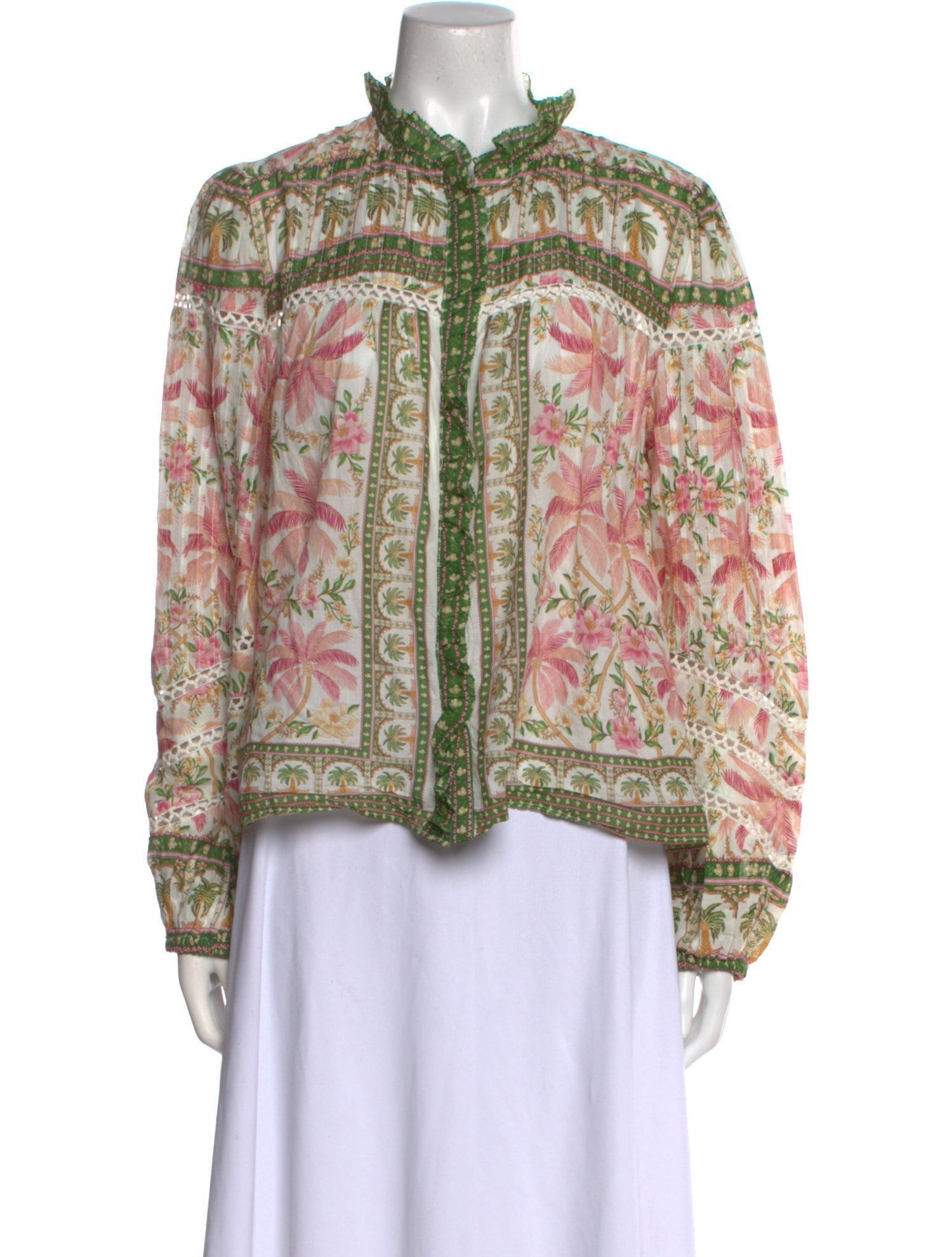 Farm Rio Printed Mock Neck Button-Up Top