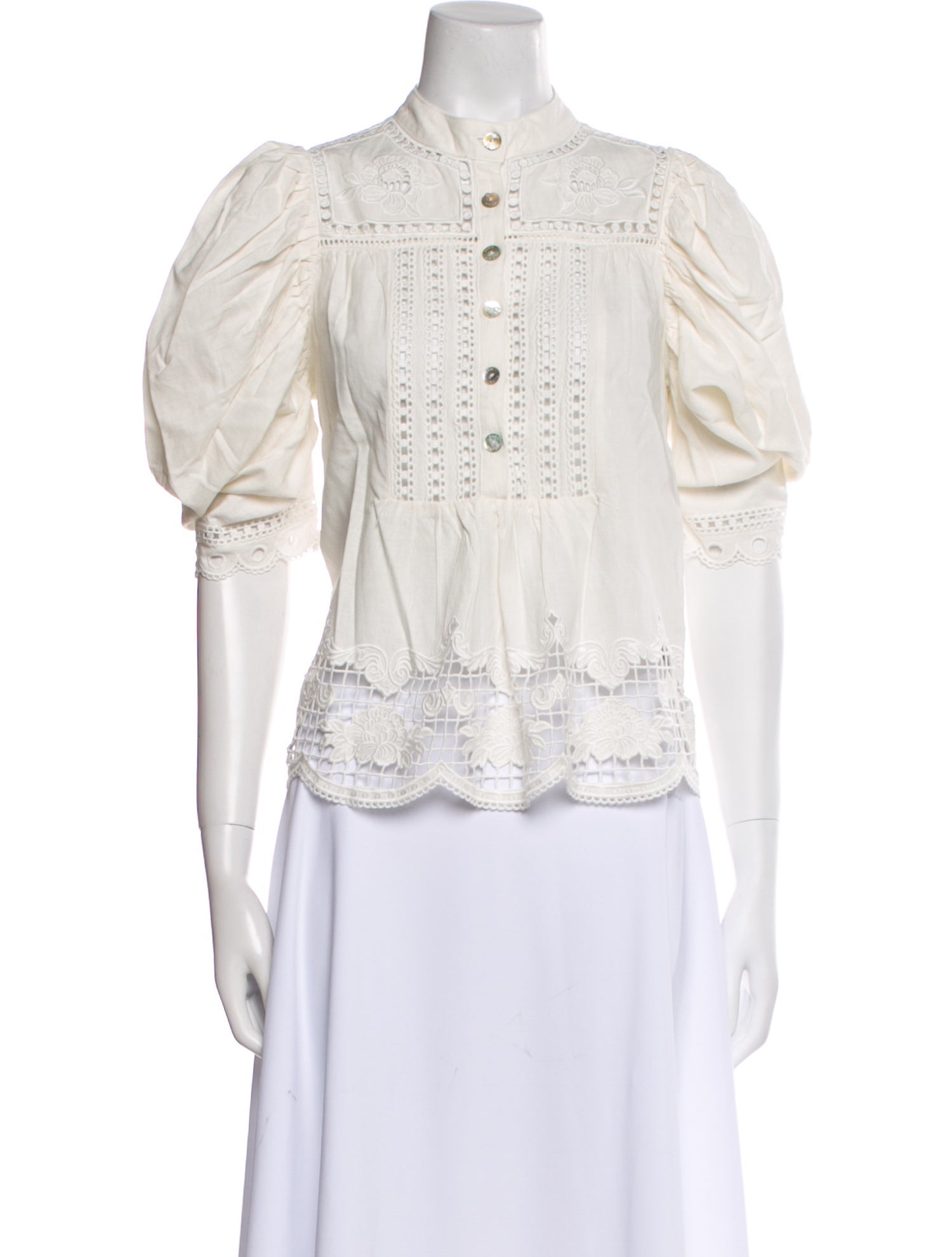 Farm Rio Mock Neck Short Sleeve Button-Up Top