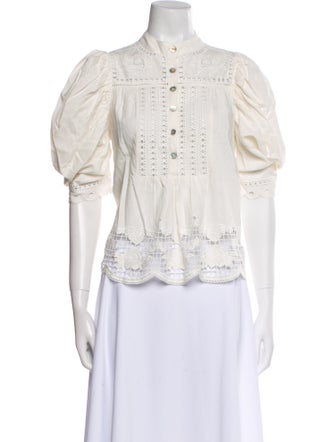 Farm Rio Mock Neck Short Sleeve Button-Up Top