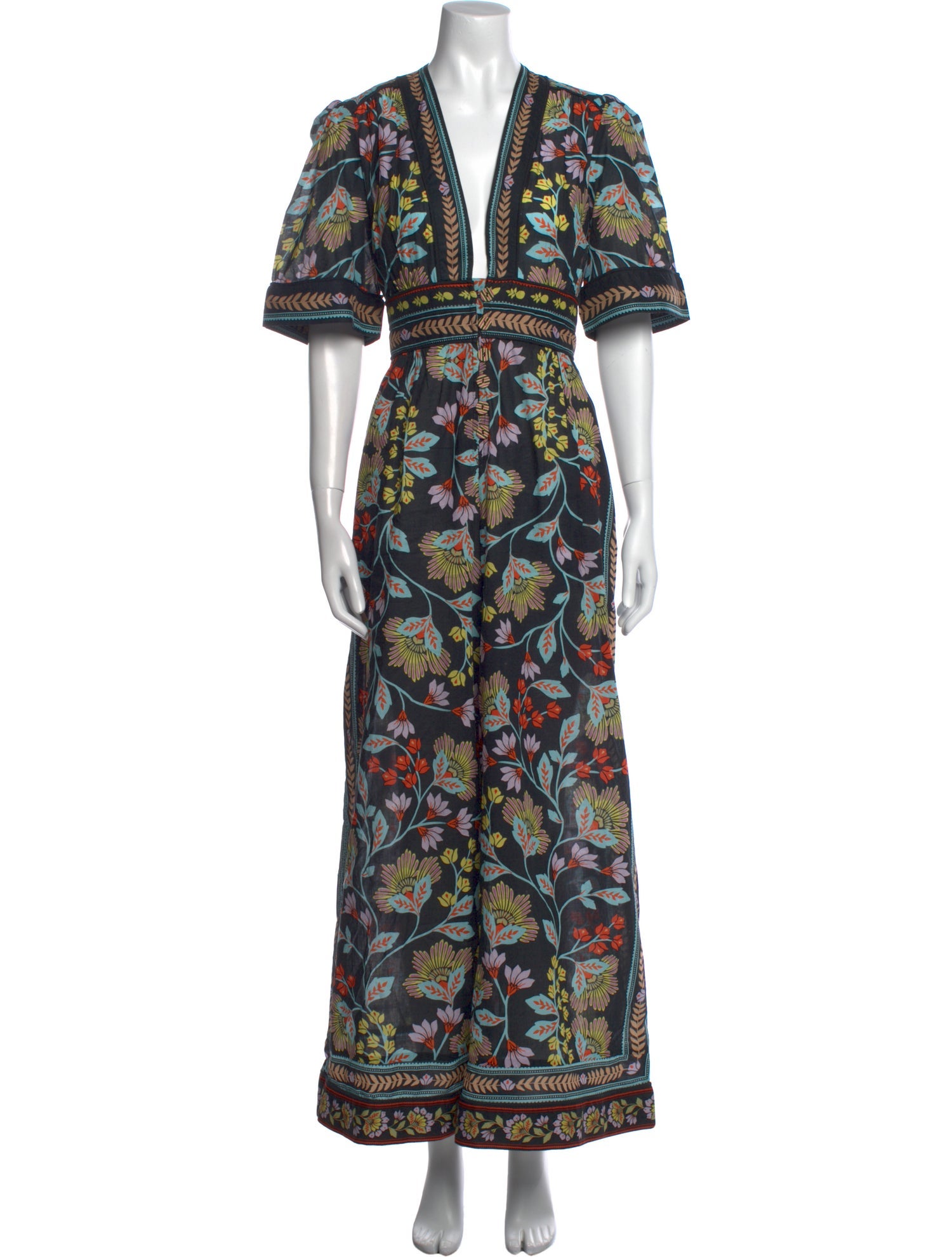 Farm Rio Floral Print Plunge Neckline Jumpsuit