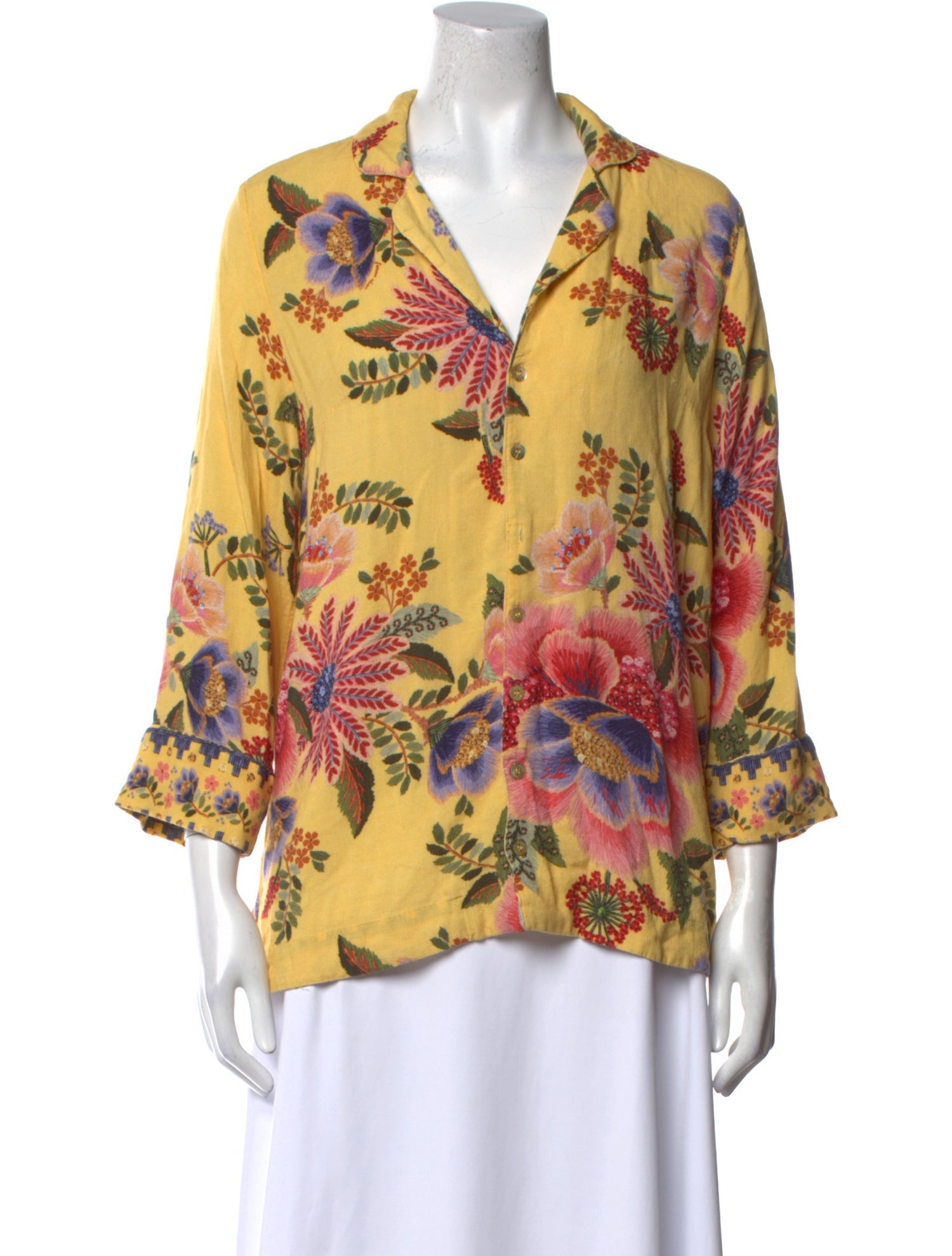 Farm Rio Floral Print Three-Quarter Sleeve Blouse