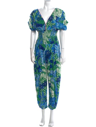 Farm Rio Printed Plunge Neckline Jumpsuit