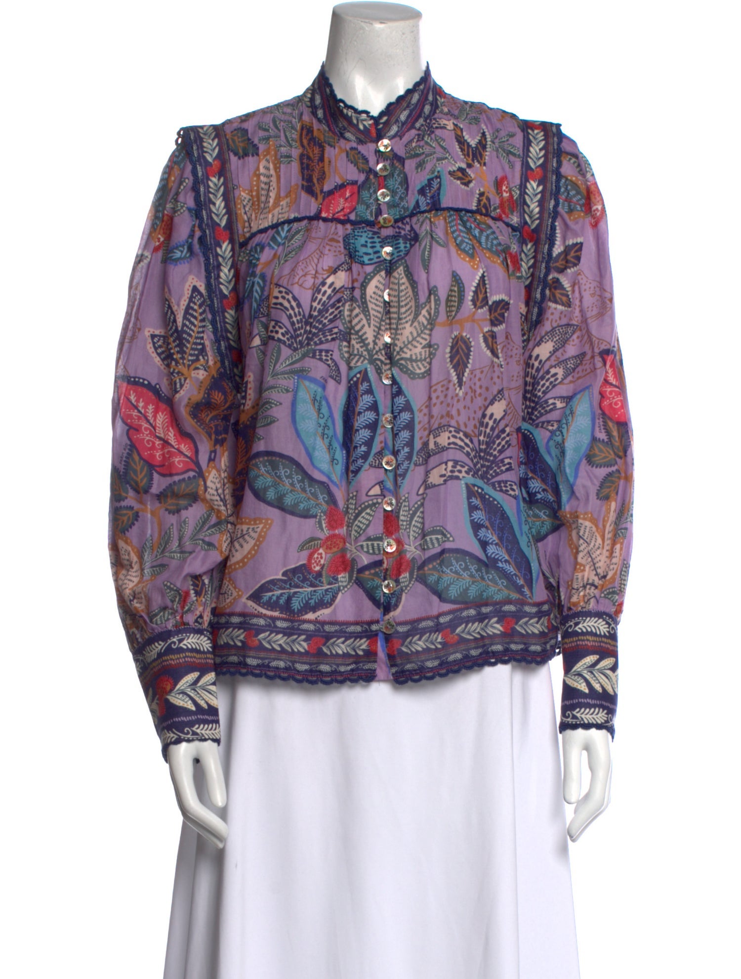 Farm Rio Printed Mock Neck Button-Up Top