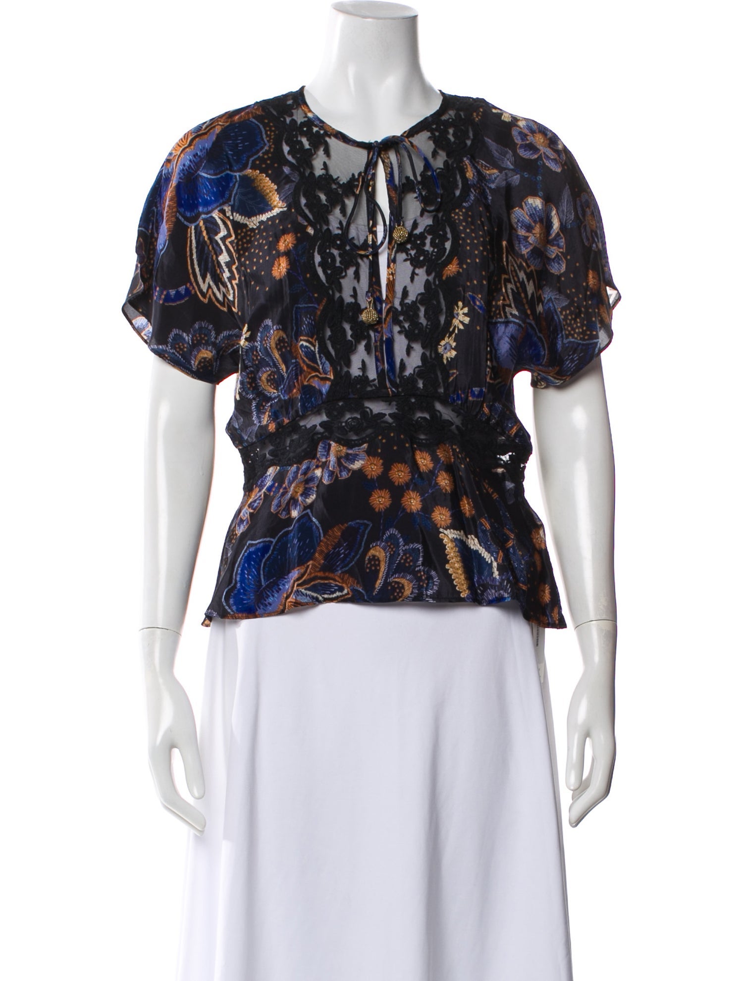 Farm Rio Floral Print Tie Neck Blouse