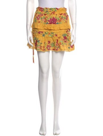 Pre-owned Farm Rio Floral Print Mini Skirt In Yellow