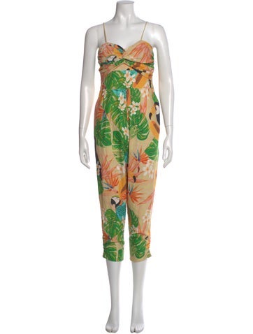 Pre-owned Farm Rio Linen Floral Print Jumpsuit In Neutral