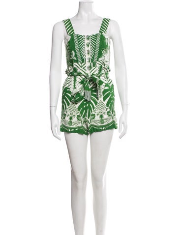 Pre-owned Farm Rio Linen Printed Romper W/ Tags In Green