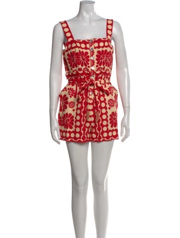 Pre-owned Farm Rio Linen Floral Print Romper In Red