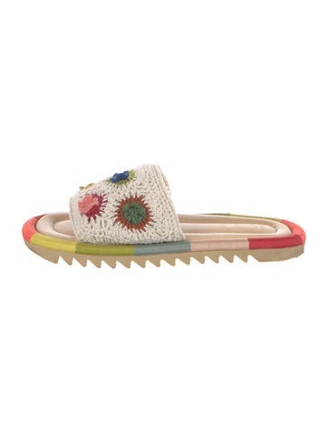 Pre-owned Farm Rio Floral Print Crochet Trim Slides In Orange