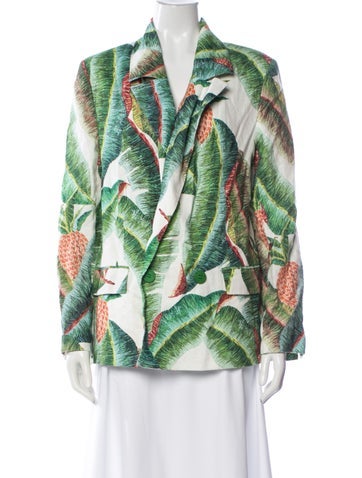 Pre-owned Farm Rio Linen Printed Blazer In Green