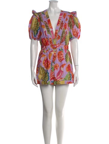 Pre-owned Farm Rio Floral Print V-neck Romper In Purple