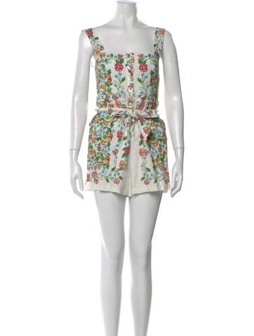 Pre-owned Farm Rio Floral Print Square Neckline Romper In White