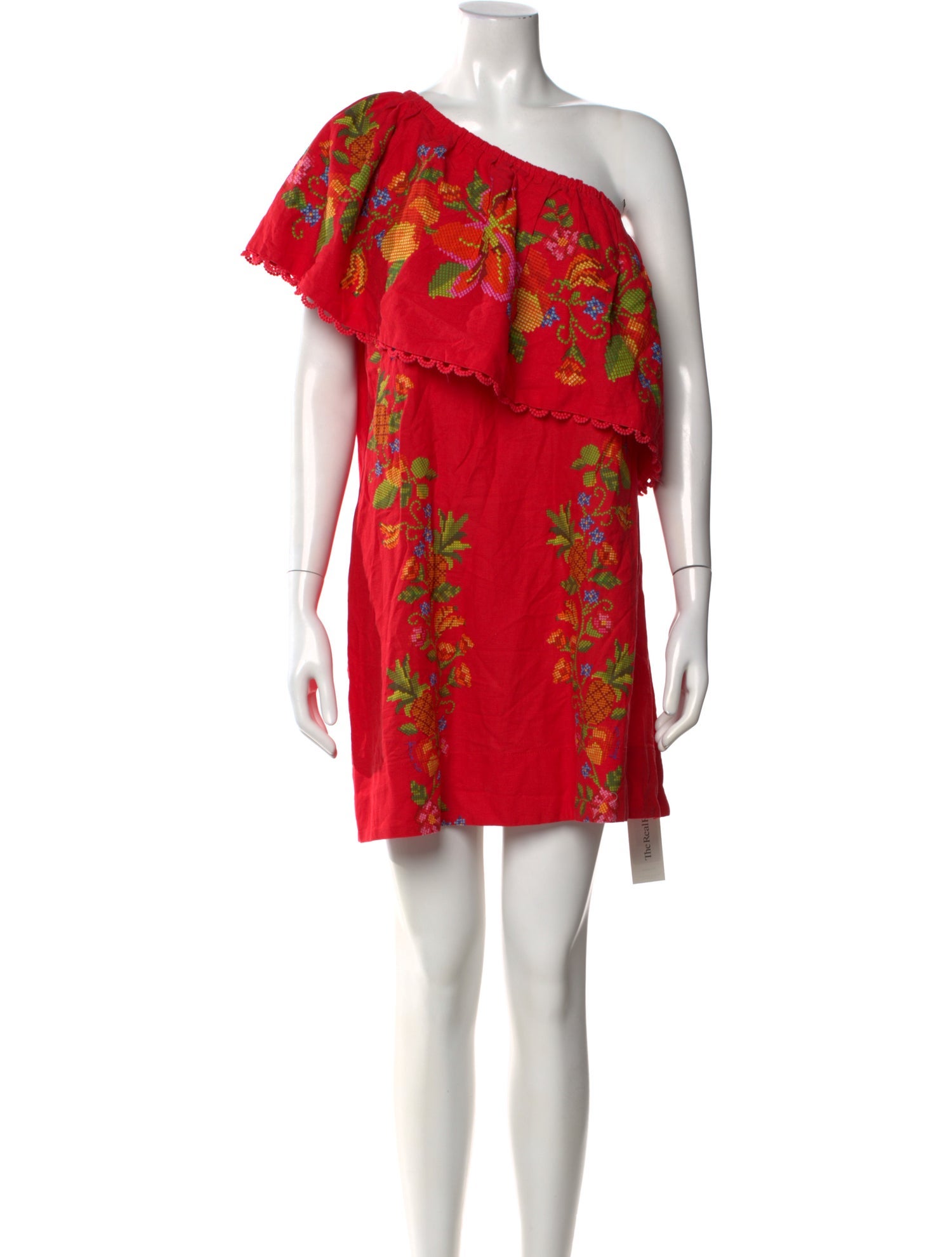 farm rio red dress pink flower Red 3d Richelieu Flower Leather Mini Dress