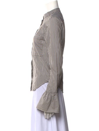 FRAME Striped Mock Neck Button-Up Top