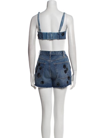 FRAME Floral Print Raw-Edge Trim Short Set