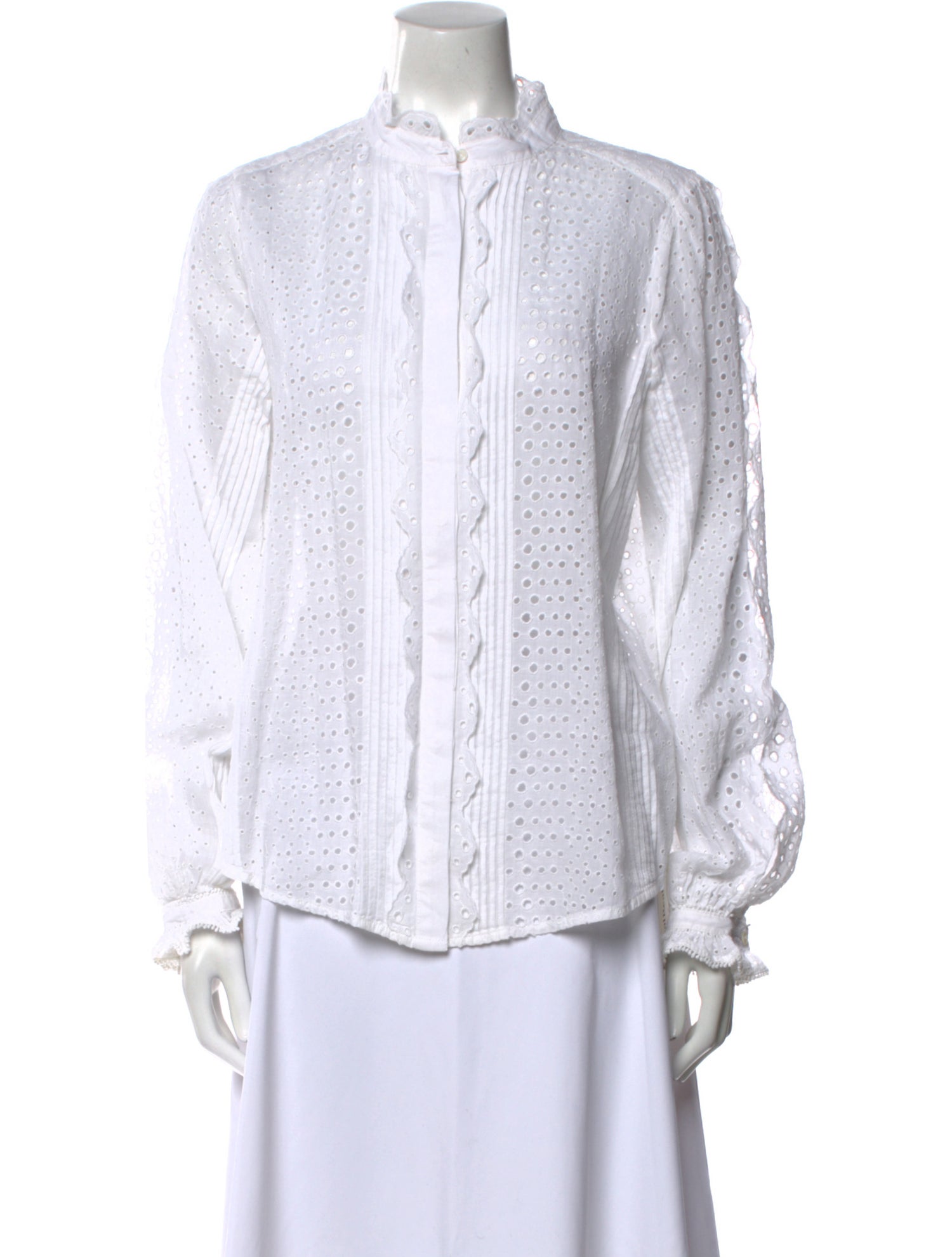 FRAME Lace Pattern Mock Neck Button-Up Top