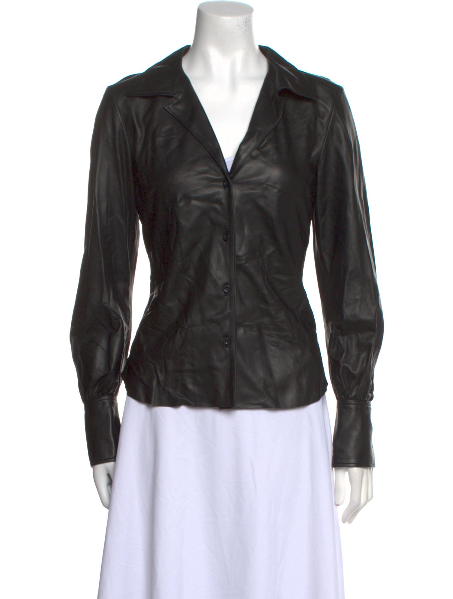 FRAME Leather V-Neck Button-Up Top