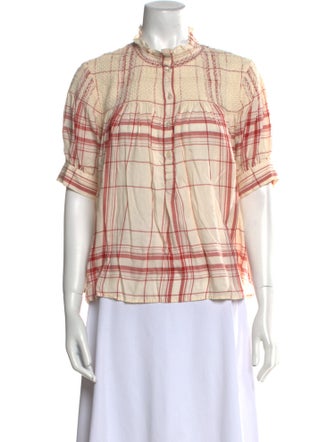 FRAME Plaid Print Mock Neck Button-Up Top