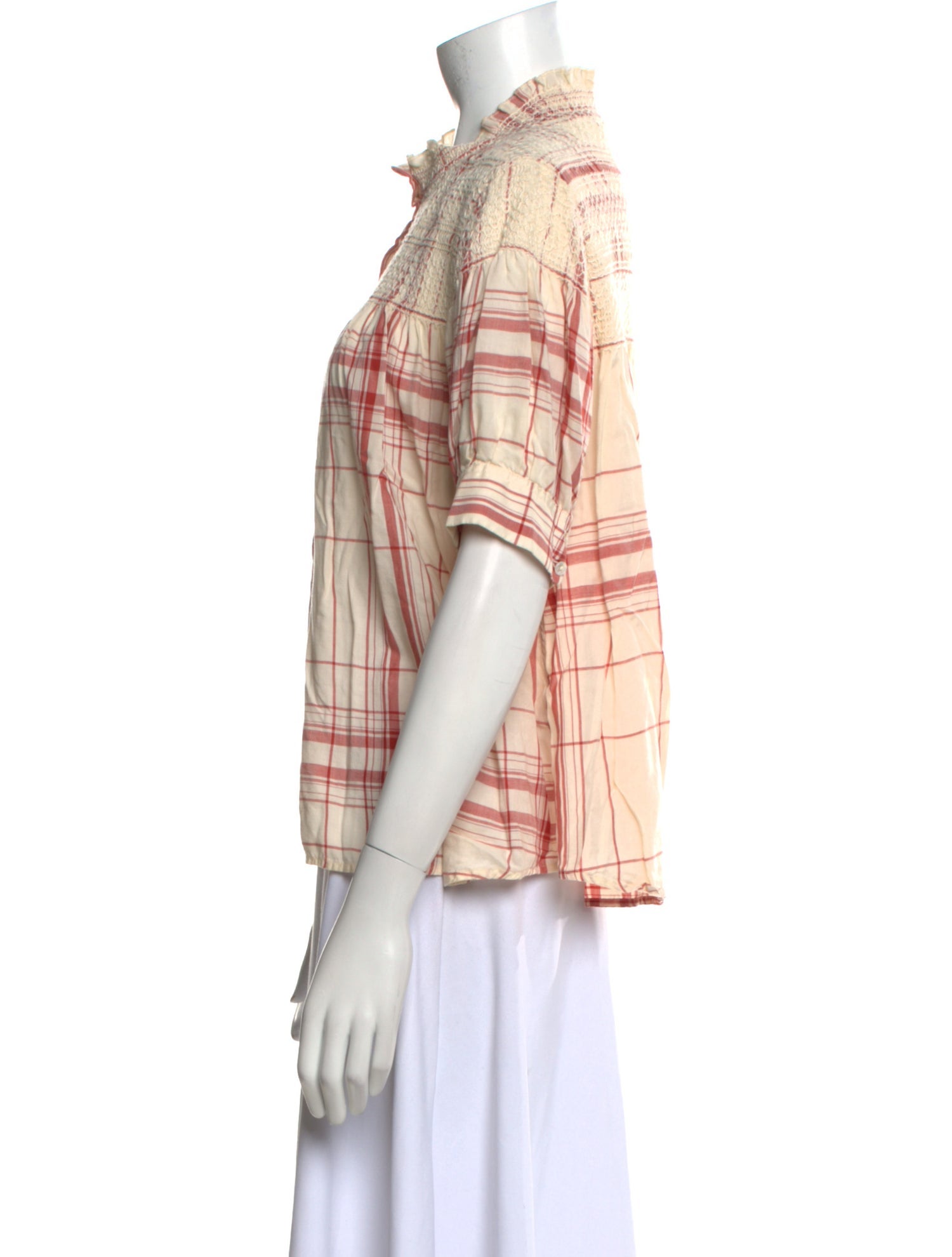 FRAME Plaid Print Mock Neck Button-Up Top