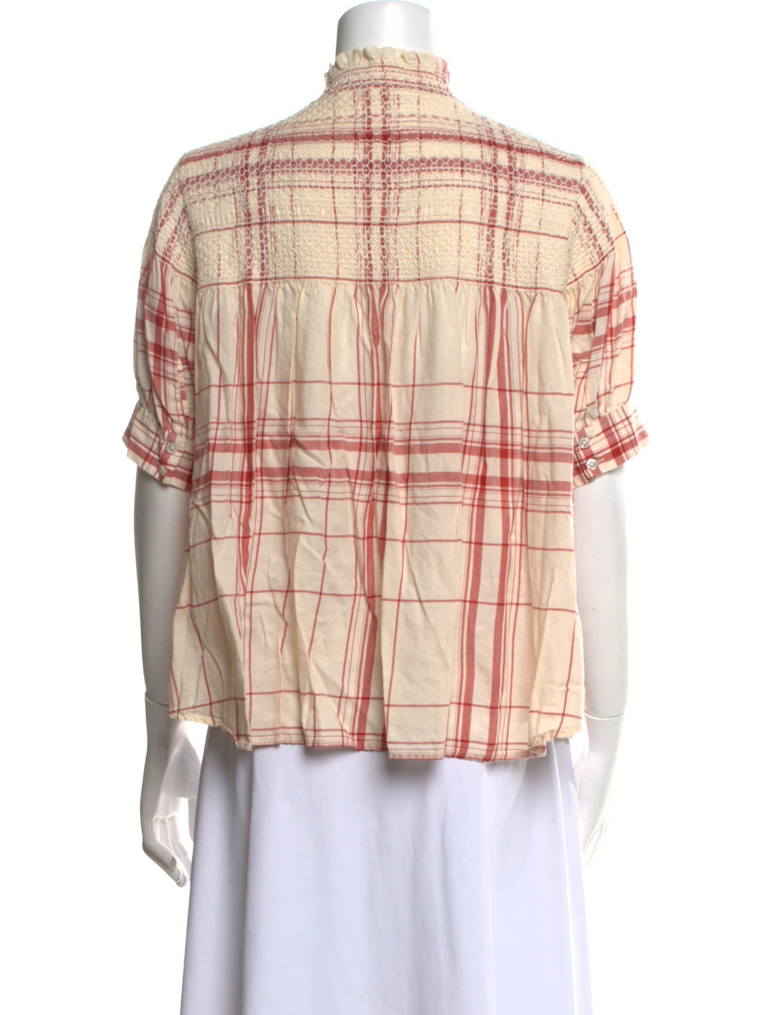 FRAME Plaid Print Mock Neck Button-Up Top