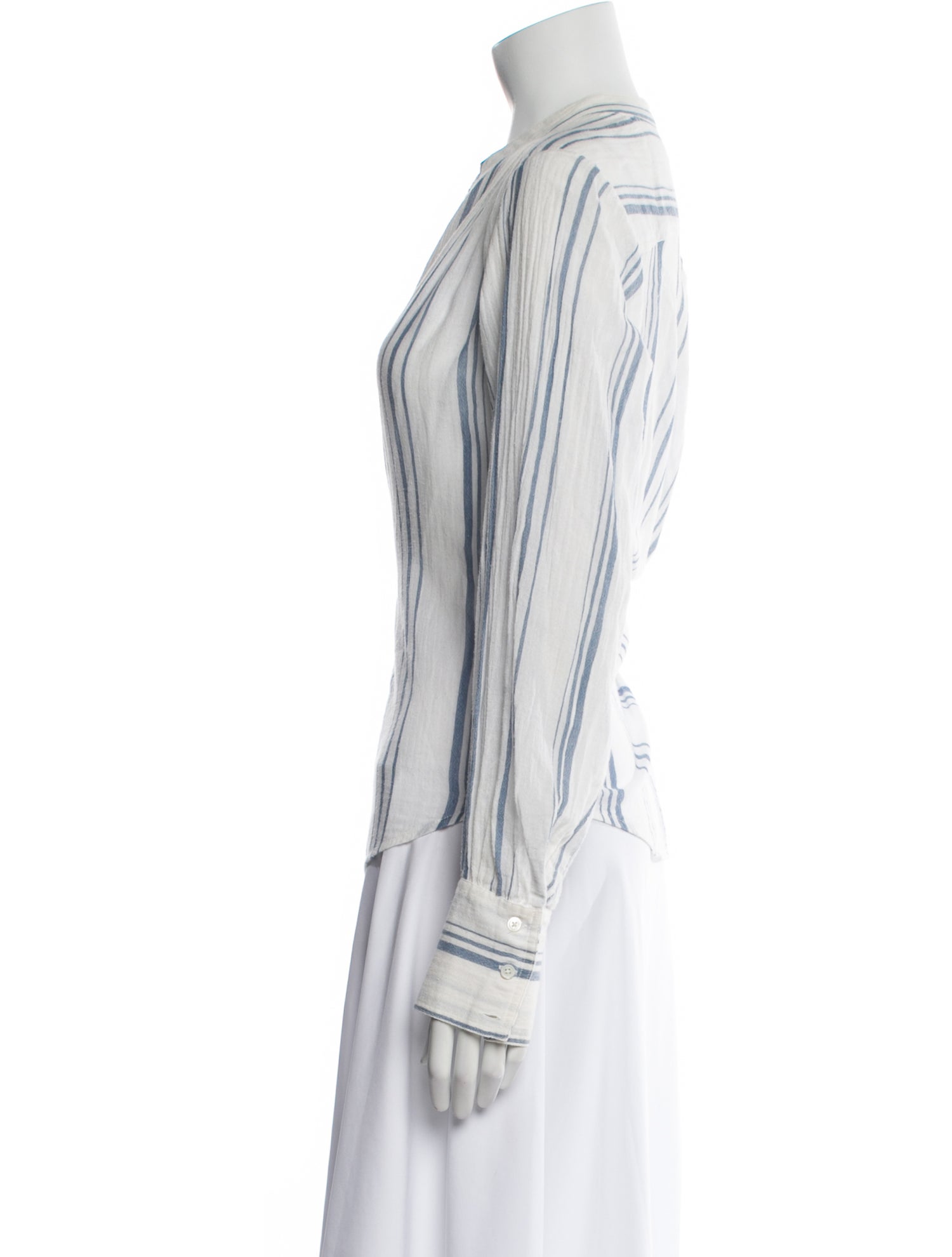 FRAME Striped Mock Neck Button-Up Top