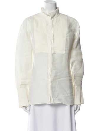 FRAME Linen Mock Neck Button-Up Top