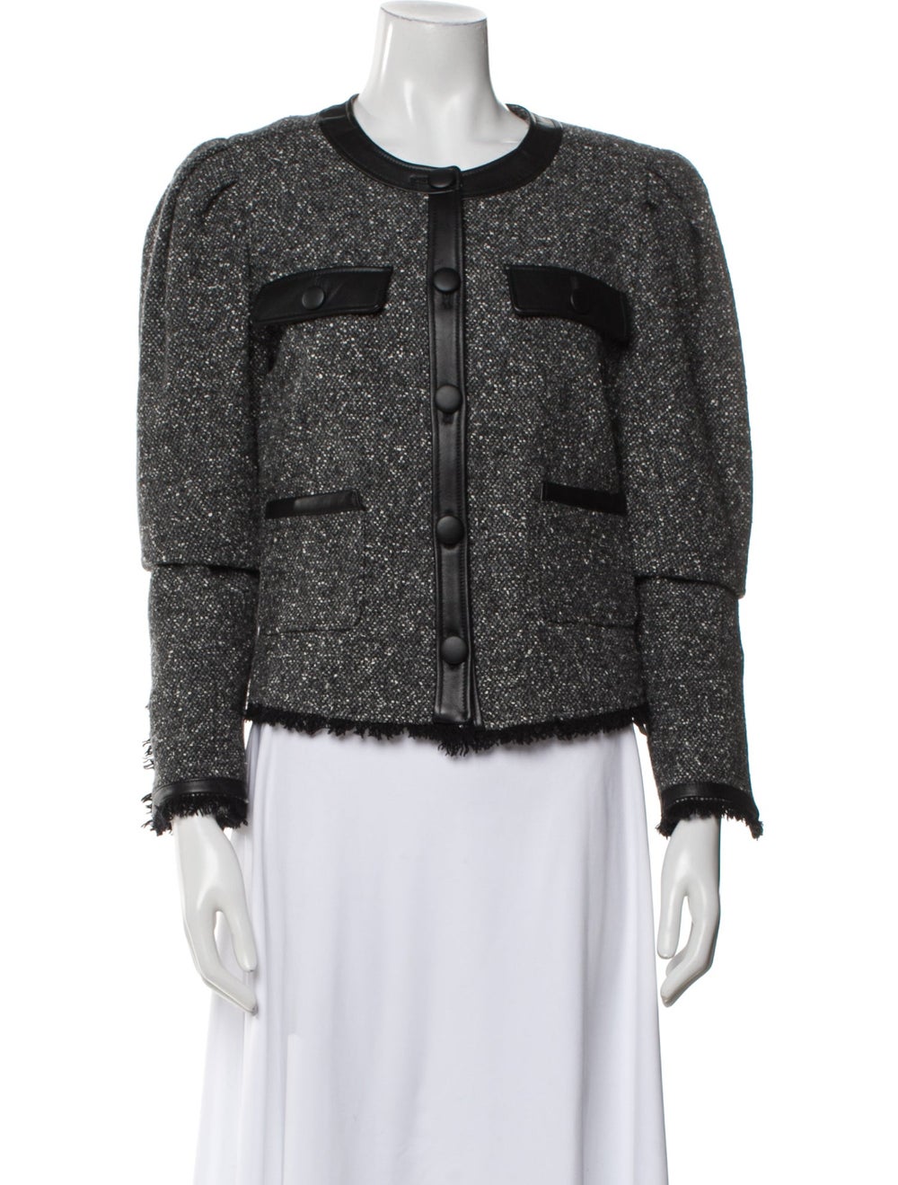 Frame Wool Jacket Grey Tweed Pattern Leather & Ch… - image 1