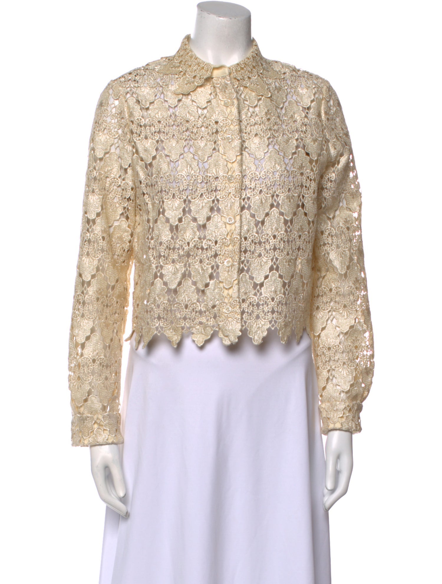 FRAME Lace Pattern Mock Neck Button-Up Top