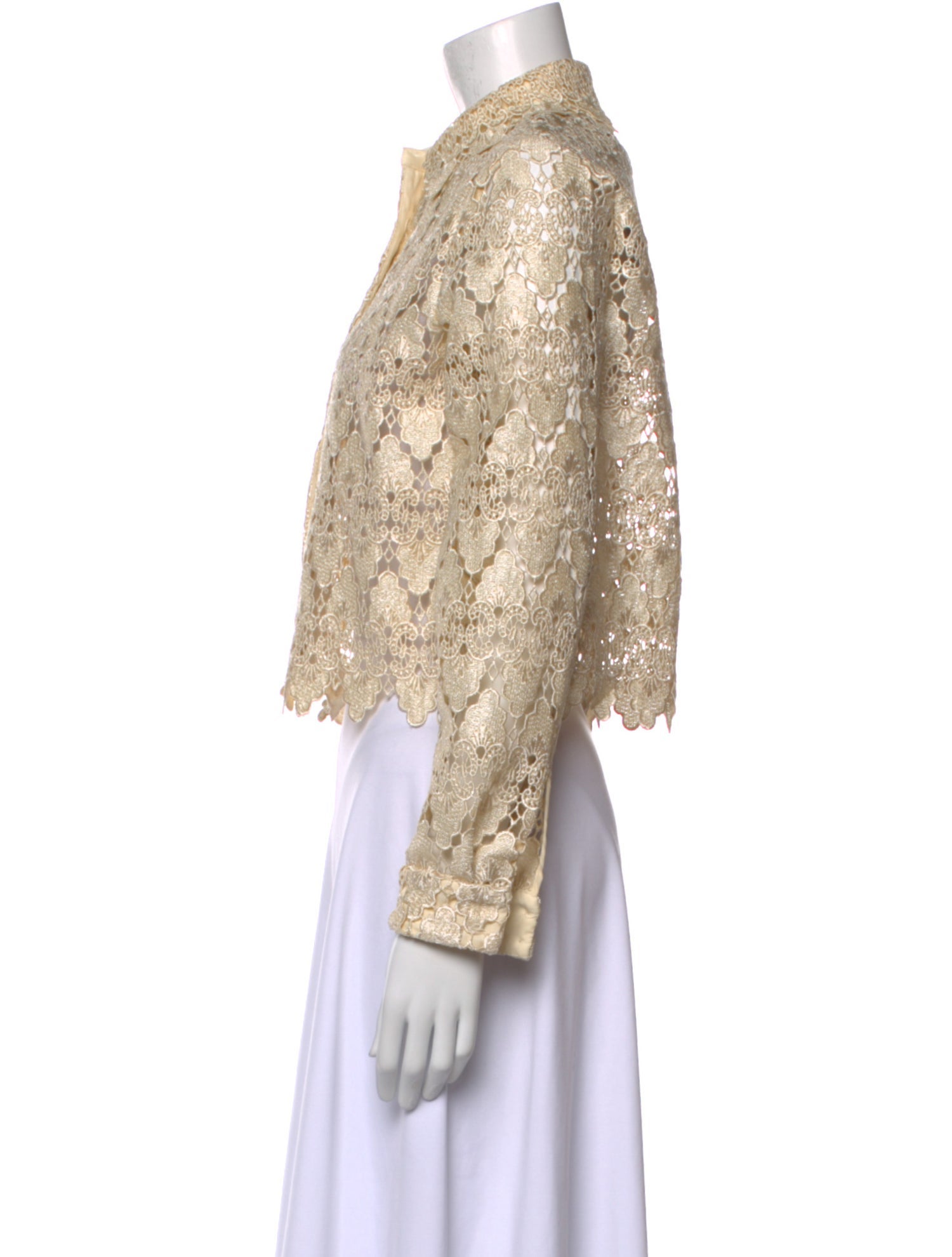 FRAME Lace Pattern Mock Neck Button-Up Top