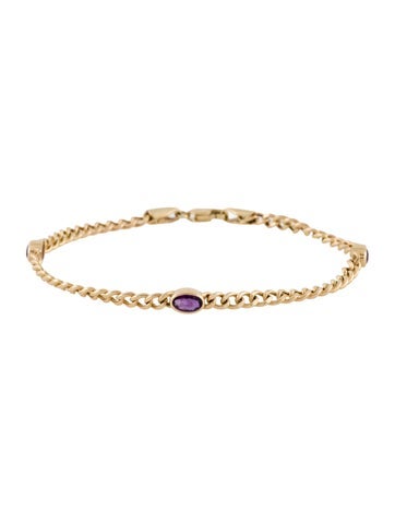 Pre-owned Ferko's 14k Amethyst Cuban Link Station Bracelet, 6.75" In Multi