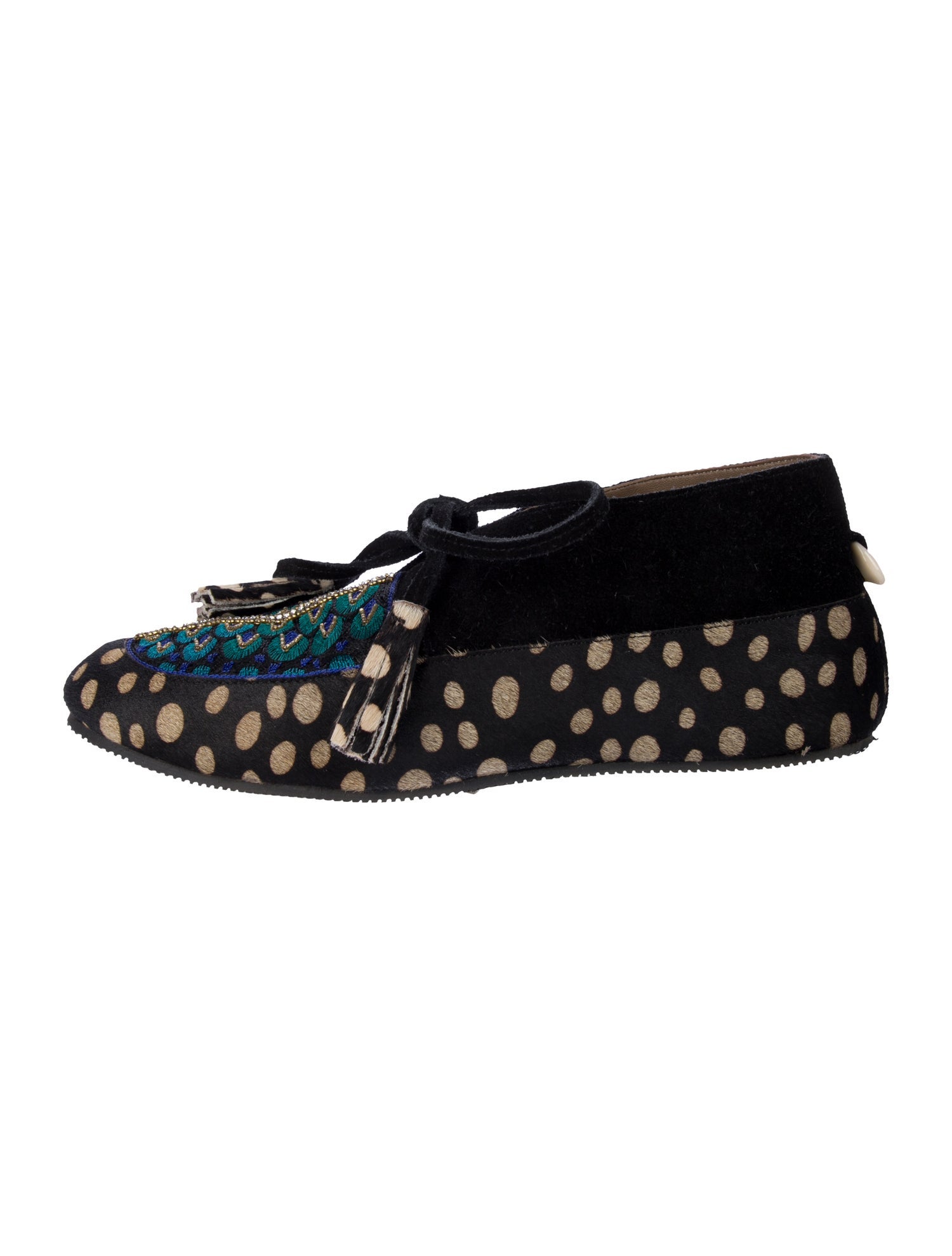 Figue Ponyhair Polka Dot Print Moccasins
