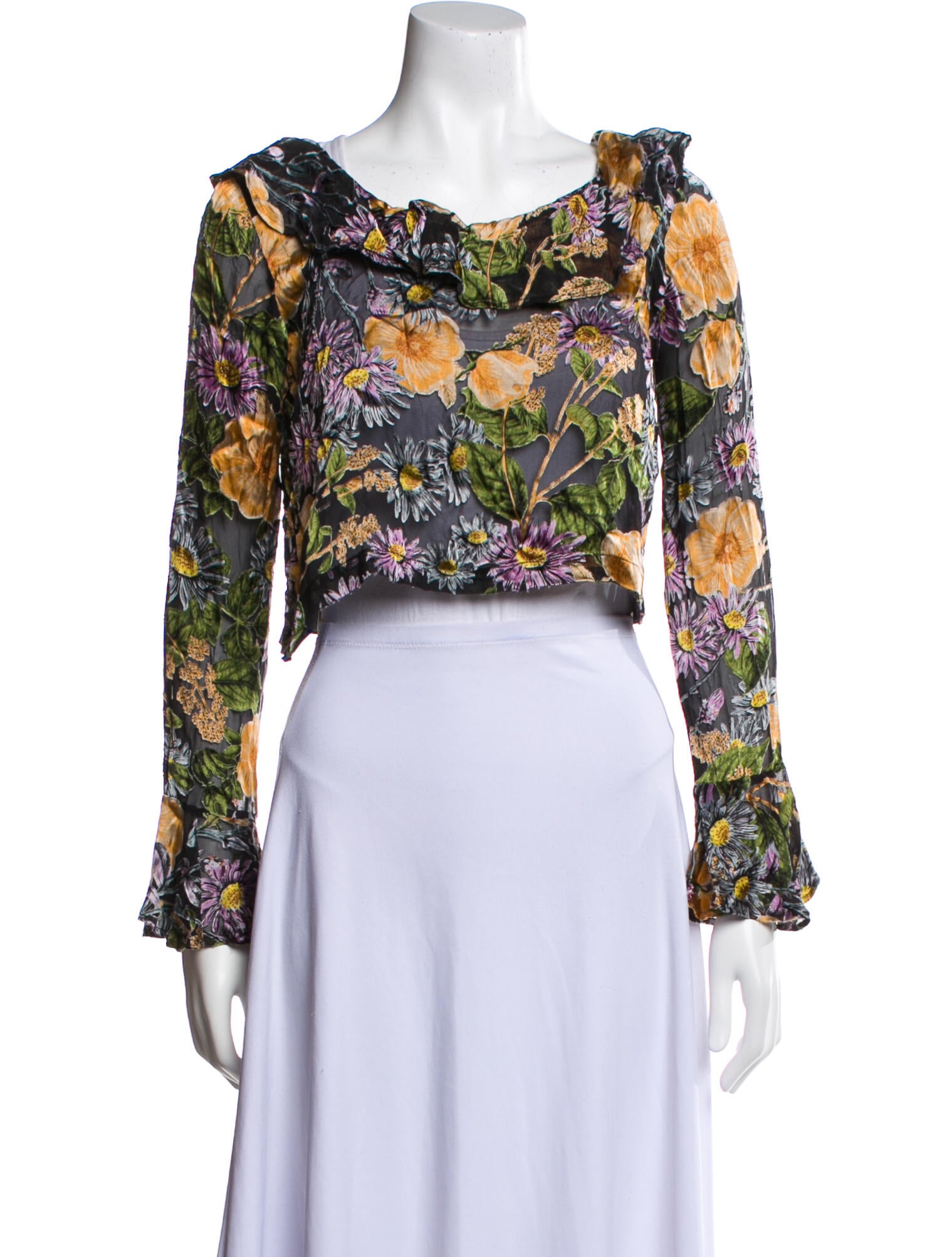 For Love & Lemons Floral Print Bateau Neckline Crop Top