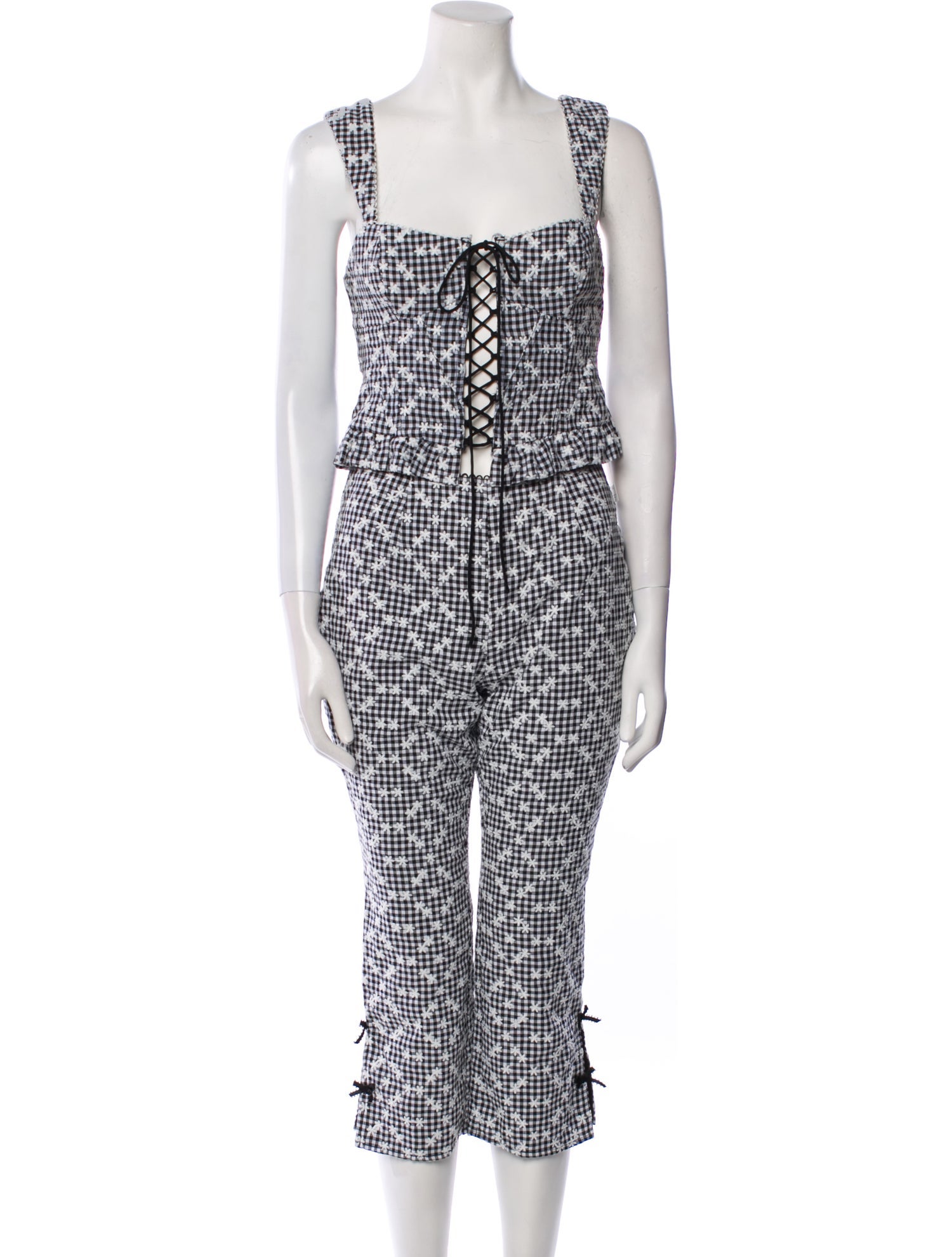 For Love & Lemons Plaid Print Embroidered Accent Pant Set