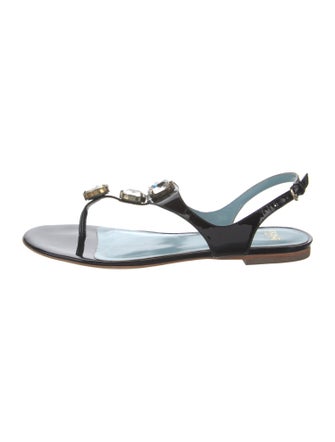 Frances Valentine Patent Leather Crystal Embellishments T-Strap Sandals