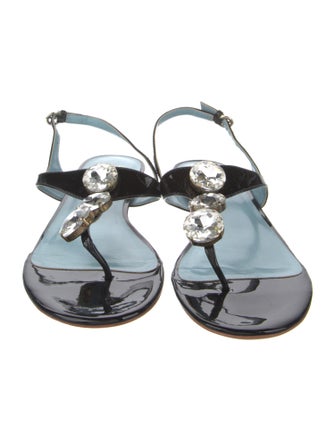 Frances Valentine Patent Leather Crystal Embellishments T-Strap Sandals