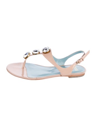 Frances Valentine Leather Crystal Embellishments T-Strap Sandals