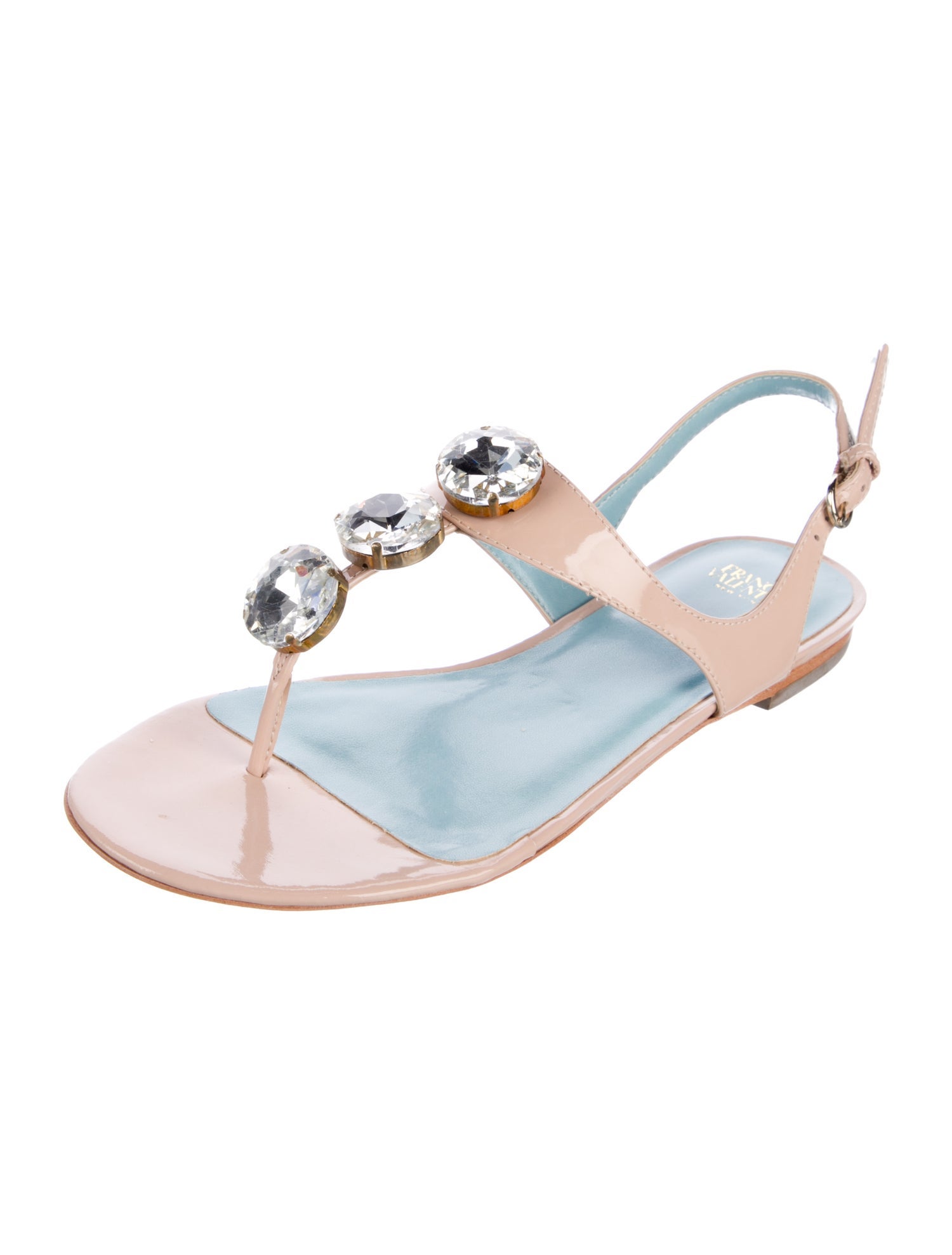 Frances Valentine Leather Crystal Embellishments T-Strap Sandals