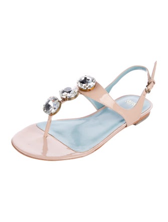 Frances Valentine Leather Crystal Embellishments T-Strap Sandals